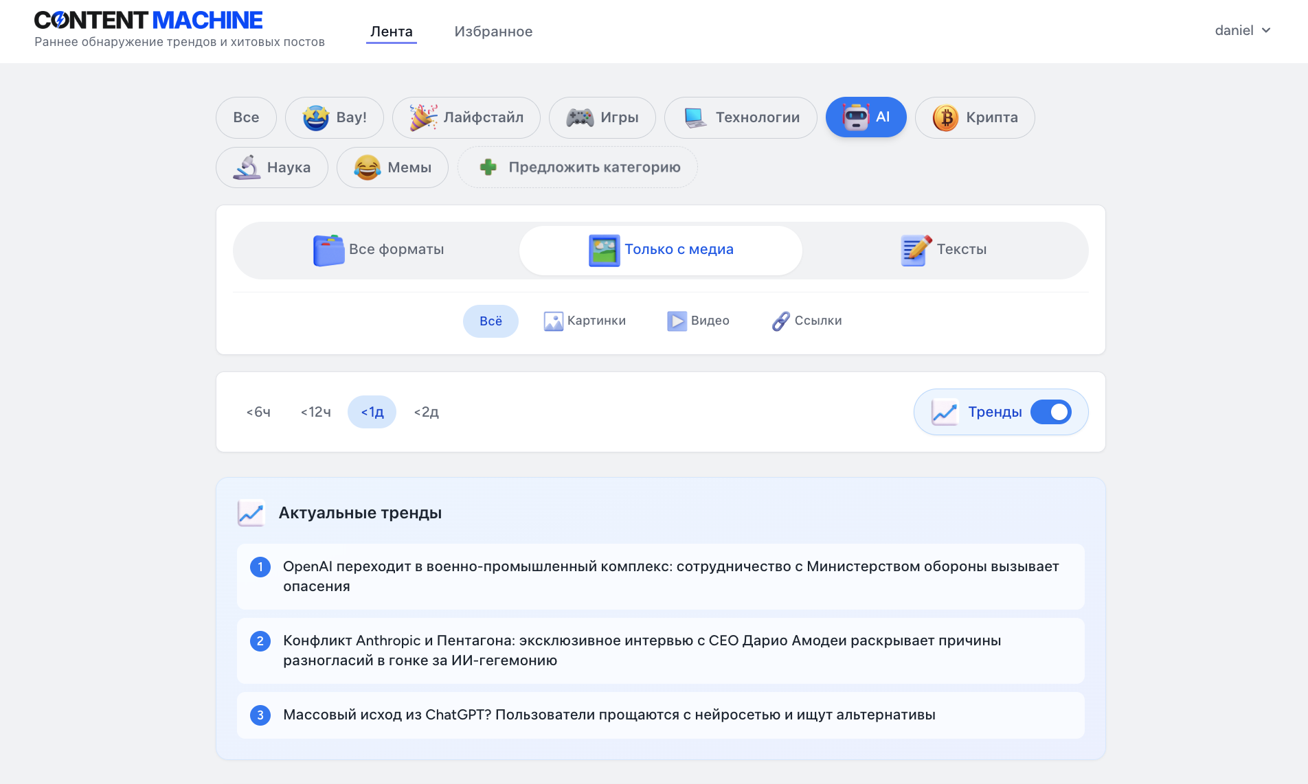 Панель управления Контент Машины